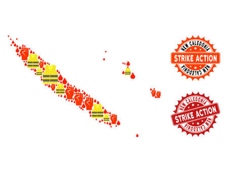 Strike action collage of revolting map of New Caledonia, grunge and clean seal stamps. Map of New Caledonia collage created for Gilet Jaunes protest illustrations.のイラスト素材