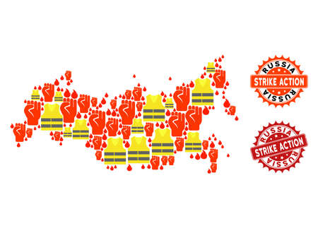 Strike action collage of revolting map of Russia, grunge and clean seals. Map of Russia collage composed for Gilet Jaunes protest illustrations.のイラスト素材