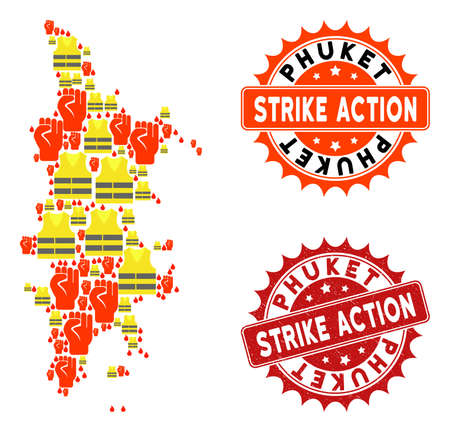 Strike action collage of revolting map of Phuket, grunge and clean stamps. Map of Phuket collage created for Gilet Jaunes protest illustrations.のイラスト素材