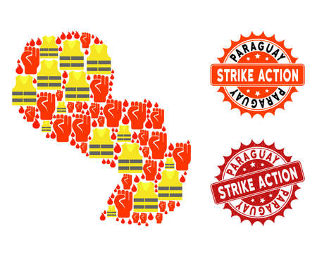 Strike action collage of revolting map of Paraguay, grunge and clean stamps. Map of Paraguay collage formed for Gilet Jaunes protest illustrations.のイラスト素材