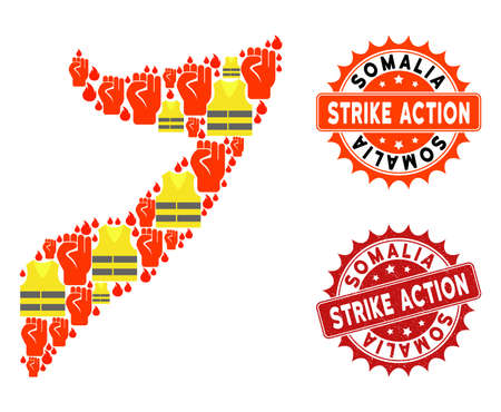 Strike action combination of revolting map of Somalia, grunge and clean seals. Map of Somalia collage composed for Gilet Jaunes protest illustrations.のイラスト素材