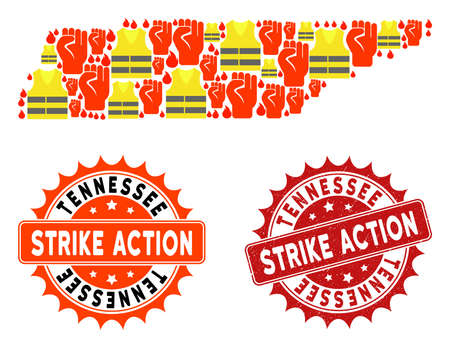 Strike action collage of revolting map of Tennessee State, grunge and clean seal stamps. Map of Tennessee State collage composed for Gilet Jaunes protest illustrations.のイラスト素材