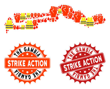 Strike action collage of revolting map of the Gambia, grunge and clean seals. Map of the Gambia collage designed for Gilet Jaunes protest illustrations.のイラスト素材