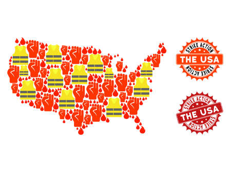 Strike action collage of revolting map of USA, grunge and clean seals. Map of USA collage composed for Gilet Jaunes protest illustrations.のイラスト素材