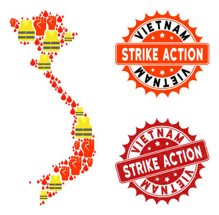 Strike action collage of revolting map of Vietnam, grunge and clean seal stamps. Map of Vietnam collage created for Gilet Jaunes protest illustrations.のイラスト素材
