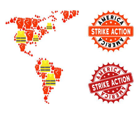 Strike action composition of revolting map of South and North America, grunge and clean seal stamps. Map of South and North America collage formed for Gilet Jaunes protest illustrations.のイラスト素材