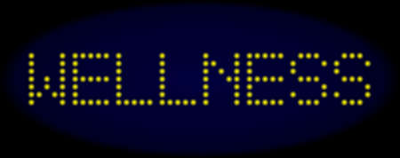 Wellness text in LED style with round glowing pixels. Vector light yellow symbols forms Wellness text on a dark blue background. Digital font with round elements.のイラスト素材