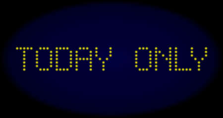 Today Only caption in LED style with round glowing dots. Vector shiny yellow symbols forms Today Only caption on a dark blue background. Digital font with round elements.のイラスト素材