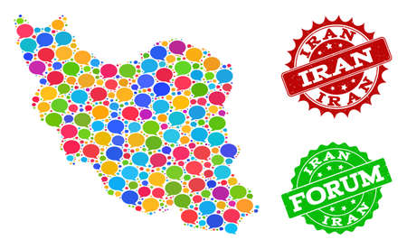 Social network map of Iran and rubber stamp seals in red and green colors. Mosaic map of Iran is designed with voice clouds. Abstract design elements for social network projects.のイラスト素材
