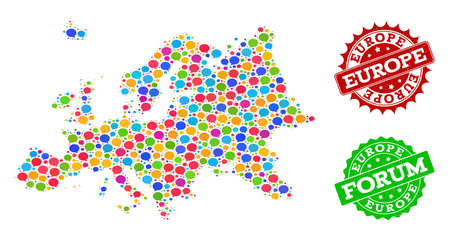 Social network map of Europe and distress stamp seals in red and green colors. Mosaic map of Europe is formed with talk clouds. Abstract design elements for social network projects.のイラスト素材