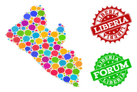 Social network map of Liberia and grunge stamp seals in red and green colors. Mosaic map of Liberia is formed with dialog messages. Abstract design elements for social network purposes.のイラスト素材
