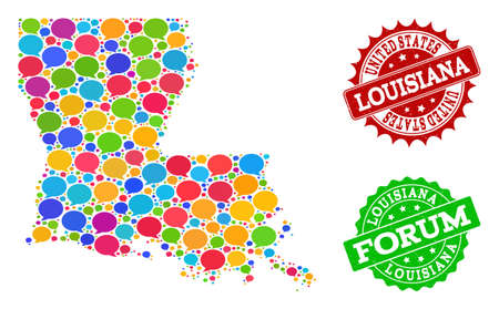 Social network map of Louisiana State and distress stamp seals in red and green colors. Mosaic map of Louisiana State is composed with conversation clouds.のイラスト素材