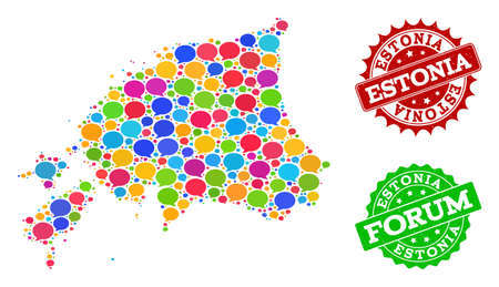 Social network map of Estonia and rubber stamp seals in red and green colors. Mosaic map of Estonia is formed with media messages. Abstract design elements for social network posters.のイラスト素材