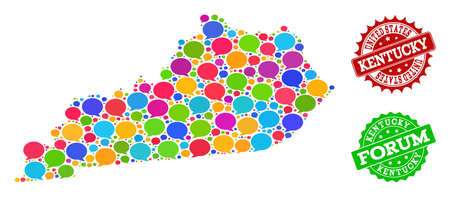 Social network map of Kentucky State and grunge stamp seals in red and green colors. Mosaic map of Kentucky State is composed with SMS clouds. Flat design elements for social network purposes.のイラスト素材