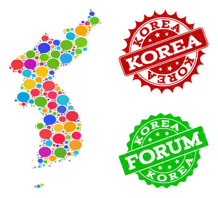 Social network map of Korea and scratched stamp seals in red and green colors. Mosaic map of Korea is composed with tag bubbles. Abstract design elements for social network applications.のイラスト素材