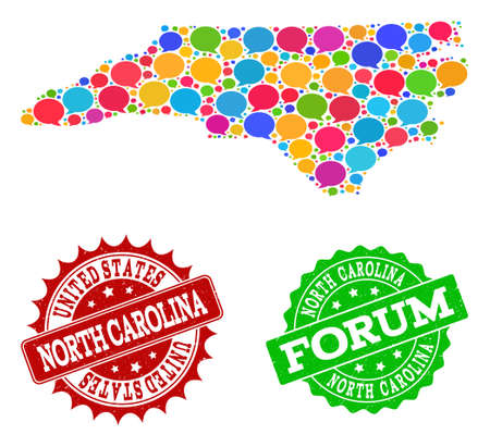 Social network map of North Carolina State and grunge stamp seals in red and green colors. Mosaic map of North Carolina State is created with voice messages.のイラスト素材