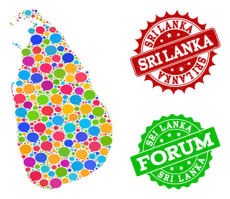 Social network map of Sri Lanka and grunge stamp seals in red and green colors. Mosaic map of Sri Lanka is designed with conversation messages. Flat design elements for social network applications.のイラスト素材