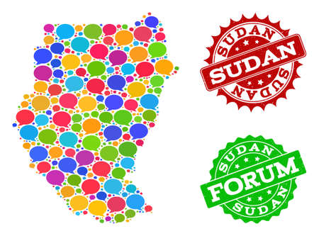 Social network map of Sudan and rubber stamp seals in red and green colors. Mosaic map of Sudan is created with forum bubbles. Flat design elements for social network posters.のイラスト素材