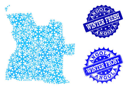 Icy map of Angola and distress stamp seals in blue colors with Winter Fresh and Winter Frost texts. Mosaic map of Angola is created with icy parts.のイラスト素材
