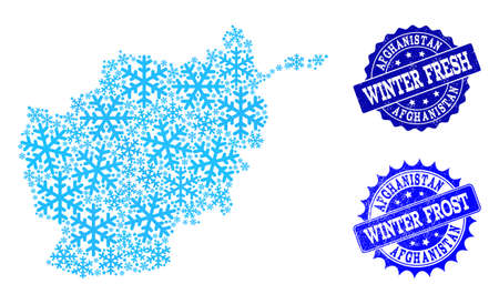 Snowed map of Afghanistan and grunge stamp seals in blue colors with Winter Fresh and Winter Frost titles. Mosaic map of Afghanistan is composed with ice elements.のイラスト素材