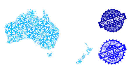 Freeze map of Australia and New Zealand and grunge stamp seals in blue colors with Winter Fresh and Winter Frost captions. Mosaic map of Australia and New Zealand is created with ice elements.のイラスト素材