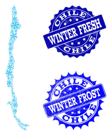 Icy map of Chile and grunge stamp seals in blue colors with Winter Fresh and Winter Frost titles. Mosaic map of Chile is composed with icy parts.のイラスト素材