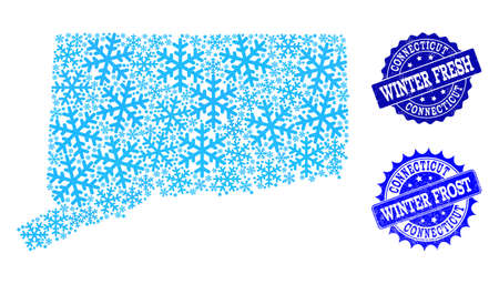 Freeze map of Connecticut State and grunge stamp seals in blue colors with Winter Fresh and Winter Frost texts. Mosaic map of Connecticut State is designed with ice elements.のイラスト素材