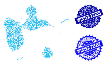 Snow map of Guadeloupe and distress stamp seals in blue colors with Winter Fresh and Winter Frost titles. Mosaic map of Guadeloupe is composed with ice elements.のイラスト素材