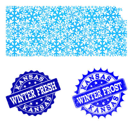 Frozen map of Kansas State and scratched stamp seals in blue colors with Winter Fresh and Winter Frost captions. Mosaic map of Kansas State is formed with ice elements.のイラスト素材