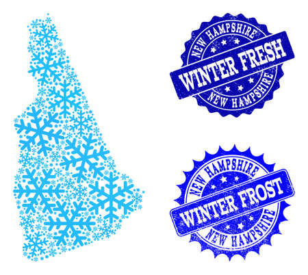 Snow map of New Hampshire State and grunge stamp seals in blue colors with Winter Fresh and Winter Frost titles. Mosaic map of New Hampshire State is formed with snow flakes.のイラスト素材