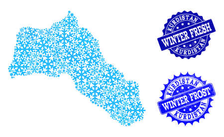 Snow map of Kurdistan and grunge stamp seals in blue colors with Winter Fresh and Winter Frost titles. Mosaic map of Kurdistan is formed with ice elements.のイラスト素材