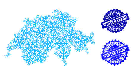 Freezing map of Switzerland and distress stamp seals in blue colors with Winter Fresh and Winter Frost texts. Mosaic map of Switzerland is created with ice elements.のイラスト素材