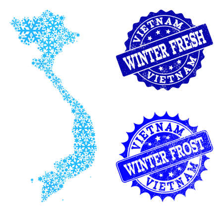 Frozen map of Vietnam and scratched stamp seals in blue colors with Winter Fresh and Winter Frost captions. Mosaic map of Vietnam is designed with ice elements.のイラスト素材