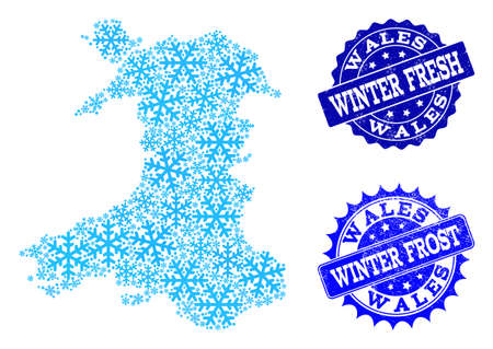 Icy map of Wales and rubber stamp seals in blue colors with Winter Fresh and Winter Frost titles. Mosaic map of Wales is composed with ice elements.のイラスト素材