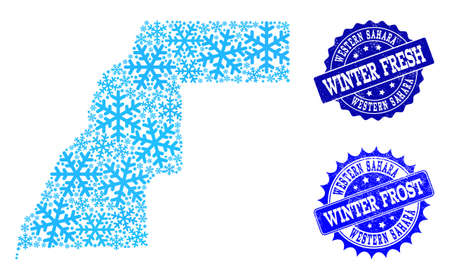 Snowflake map of Western Sahara and rubber stamp seals in blue colors with Winter Fresh and Winter Frost titles. Mosaic map of Western Sahara is created with ice elements.のイラスト素材