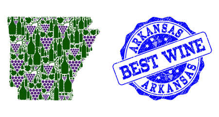 Vector collage of grape wine map of Arkansas State and grunge seal for best wine. Map of Arkansas State collage composed with bottles and grape berries.のイラスト素材