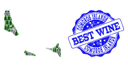 Vector collage of grape wine map of Comoros Islands and grunge seal stamp for best wine. Map of Comoros Islands collage created with bottles and grape berries.のイラスト素材