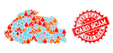 Composition of winter and flame map of Bhutan and Card Scam grunge stamp seal. Mosaic vector map of Bhutan is composed with winter and flame icons. Card Scam stamp has red color,のイラスト素材