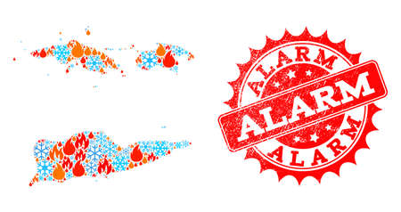 Composition of snowflake and fire map of American Virgin Islands and Alarm grunge stamp seal. Mosaic vector map of American Virgin Islands is formed with snow and fire symbols.のイラスト素材