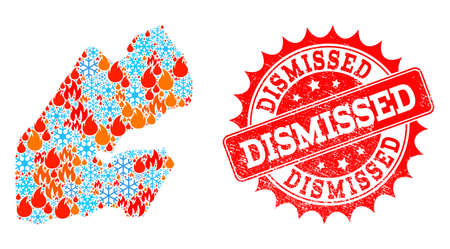 Composition of winter and fire map of Djibouti and Dismissed grunge stamp seal. Mosaic vector map of Djibouti is designed with cold and fire icons. Dismissed stamp has red color,のイラスト素材