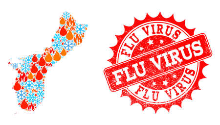 Composition of winter and flame map of Guam Island and Flu Virus grunge stamp seal. Mosaic vector map of Guam Island is designed with winter and flame icons. Flu Virus stamp has red color,のイラスト素材