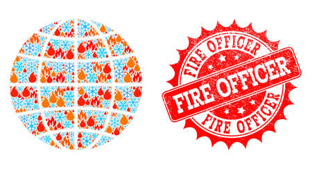 Composition of winter and flame map of global world and Fire Officer grunge stamp seal. Mosaic vector map of global world is created with winter and flame icons. Fire Officer stamp has red color,のイラスト素材