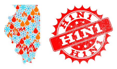 Composition of winter and fire map of Illinois State and H1N1 grunge stamp seal. Mosaic vector map of Illinois State is designed with winter and fire icons. H1N1 stamp has red color,のイラスト素材