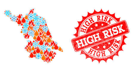 Composition of winter and flame Map of Jiangsu Province and High Risk grunge stamp seal. Mosaic vector Map of Jiangsu Province is designed with winter and flame icons. High Risk stamp has red color,のイラスト素材