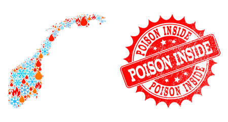 Composition of winter and wildfire map of Norway and Poison Inside grunge stamp seal. Mosaic vector map of Norway is designed with winter and flame icons. Poison Inside stamp has red color,のイラスト素材