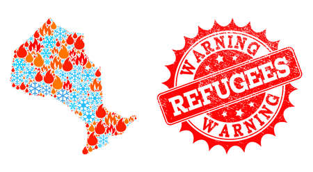 Composition of winter and flame map of Ontario Province and Refugees Warning grunge stamp seal. Mosaic vector map of Ontario Province is created with cold and flame icons.のイラスト素材