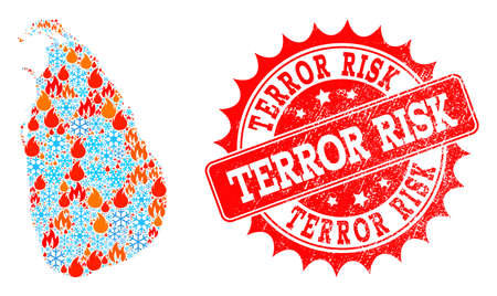 Composition of winter and flame map of Sri Lanka and Terror Risk grunge stamp seal. Mosaic vector map of Sri Lanka is designed with winter and flame symbols. Terror Risk stamp has red color,のイラスト素材