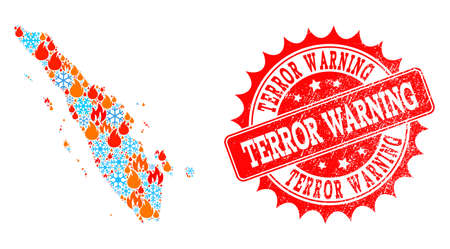 Composition of winter and flame map of Sumatra Island and Terror Warning grunge stamp seal. Mosaic vector map of Sumatra Island is designed with cold and flame symbols.のイラスト素材