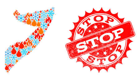 Composition of winter and fire map of Somalia and Stop grunge stamp seal. Mosaic vector map of Somalia is composed with winter and flame icons. Stop stamp has red color,のイラスト素材