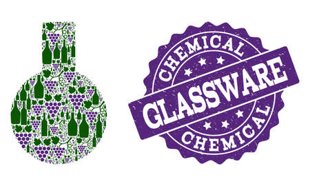 Glass flask collage of alcohol bottles and grape and grunge stamp seal. Isolated vectors in green and purple colors on a white background for bars, alcohol shop banners, ads, concepts.のイラスト素材